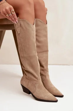 Ocieplane Kozaki Kowbojki Na Obcasie Z Eko Zamszu Beżowe Jovianne