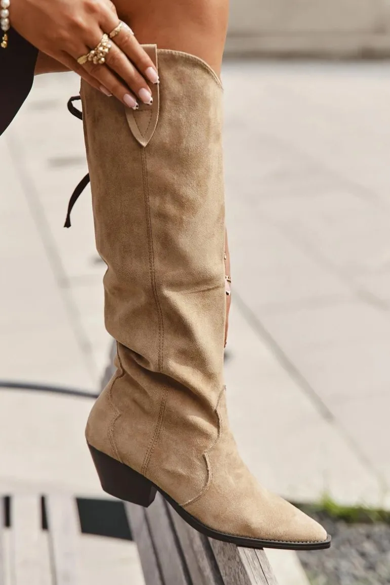 Ocieplane Kozaki Kowbojki Na Obcasie Z Eko Zamszu Beżowe Jovianne