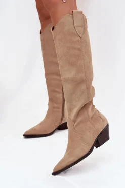 Ocieplane Kozaki Kowbojki Na Obcasie Z Eko Zamszu Beżowe Jovianne