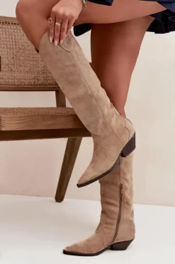 Ocieplane Kozaki Kowbojki Na Obcasie Z Eko Zamszu Beżowe Jovianne