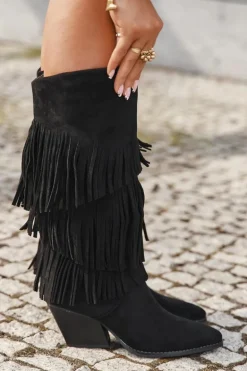 Ocieplane Kozaki Kowbojki Damskie Z Frędzlami Czarne Brivina