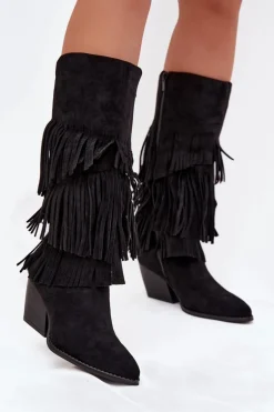 Ocieplane Kozaki Kowbojki Damskie Z Frędzlami Czarne Brivina