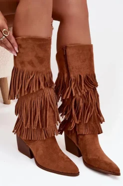 Ocieplane Kozaki Kowbojki Damskie Z Frędzlami Camel Brivina