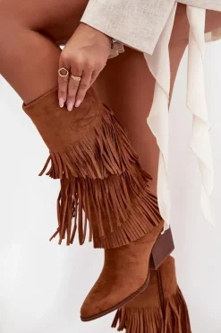 Ocieplane Kozaki Kowbojki Damskie Z Frędzlami Camel Brivina