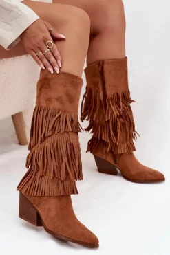 Ocieplane Kozaki Kowbojki Damskie Z Frędzlami Camel Brivina