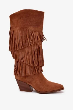 Ocieplane Kozaki Kowbojki Damskie Z Frędzlami Camel Brivina