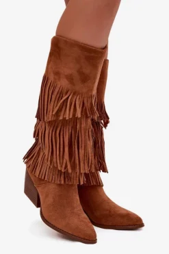 Ocieplane Kozaki Kowbojki Damskie Z Frędzlami Camel Brivina