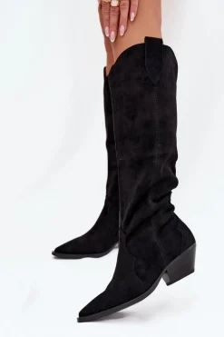 Ocieplane Kozaki Kowbojki Na Obcasie Z Eko Zamszu Czarne Jovianne