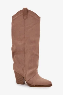 Ocieplane Kozaki Kowbojki Na Słupku Z Eko Zamszu Beżowe Mavine