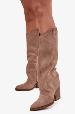 Ocieplane Kozaki Kowbojki Na Słupku Z Eko Zamszu Beżowe Mavine