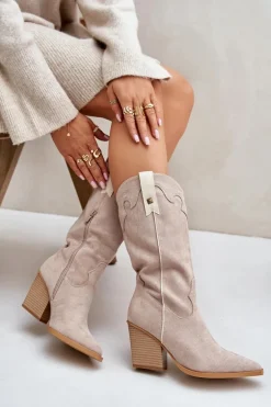 Ocieplane Kozaki Kowbojki Na Słupku Eko Zamszowe Beżowe Hanivin