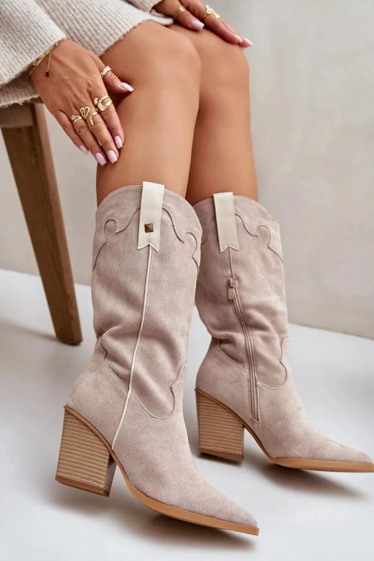 Ocieplane Kozaki Kowbojki Na Słupku Eko Zamszowe Beżowe Hanivin