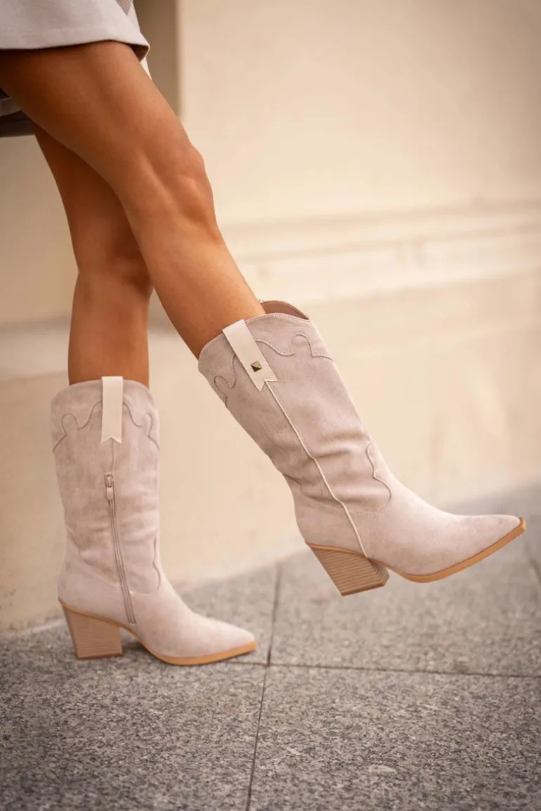 Ocieplane Kozaki Kowbojki Na Słupku Eko Zamszowe Beżowe Hanivin