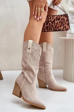 Ocieplane Kozaki Kowbojki Na Słupku Eko Zamszowe Beżowe Hanivin