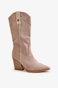 Ocieplane Kozaki Kowbojki Na Słupku Eko Zamszowe Beżowe Hanivin