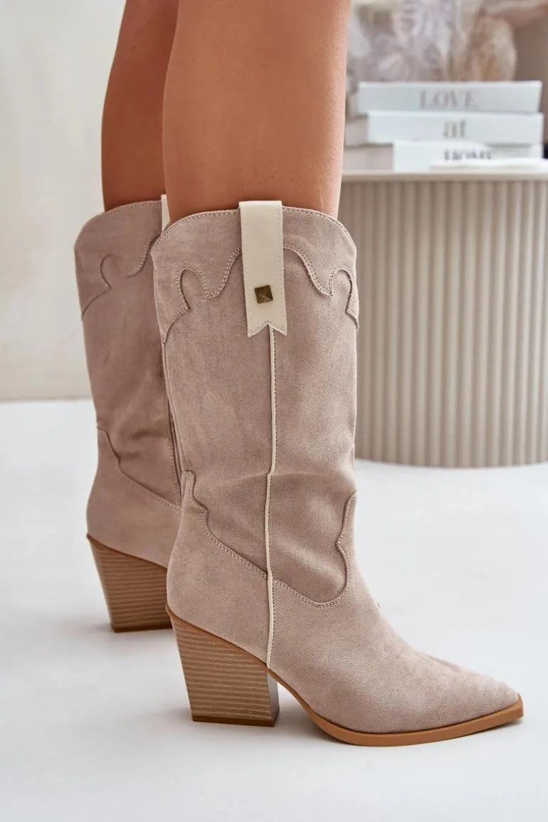 Ocieplane Kozaki Kowbojki Na Słupku Eko Zamszowe Beżowe Hanivin