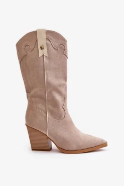 Ocieplane Kozaki Kowbojki Na Słupku Eko Zamszowe Beżowe Hanivin