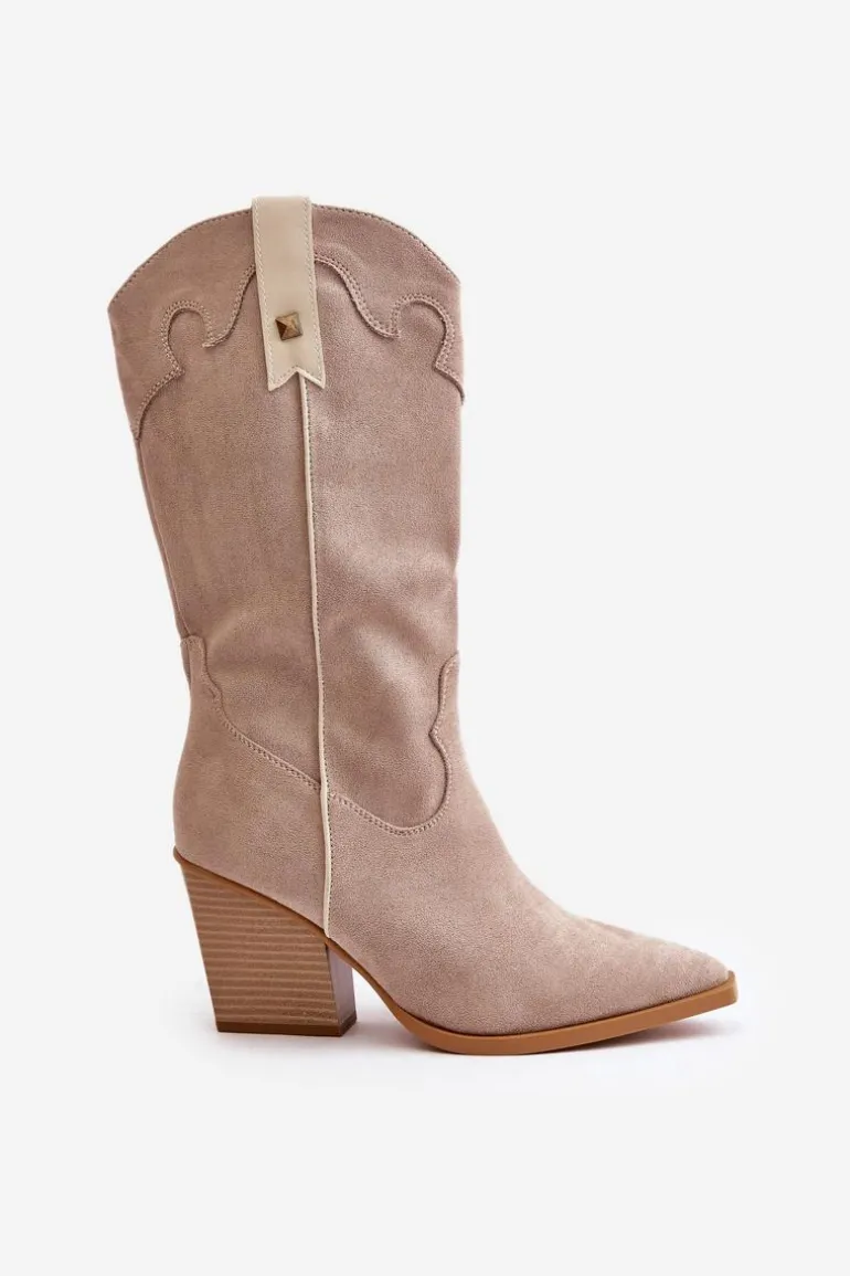 Ocieplane Kozaki Kowbojki Na Słupku Eko Zamszowe Beżowe Hanivin