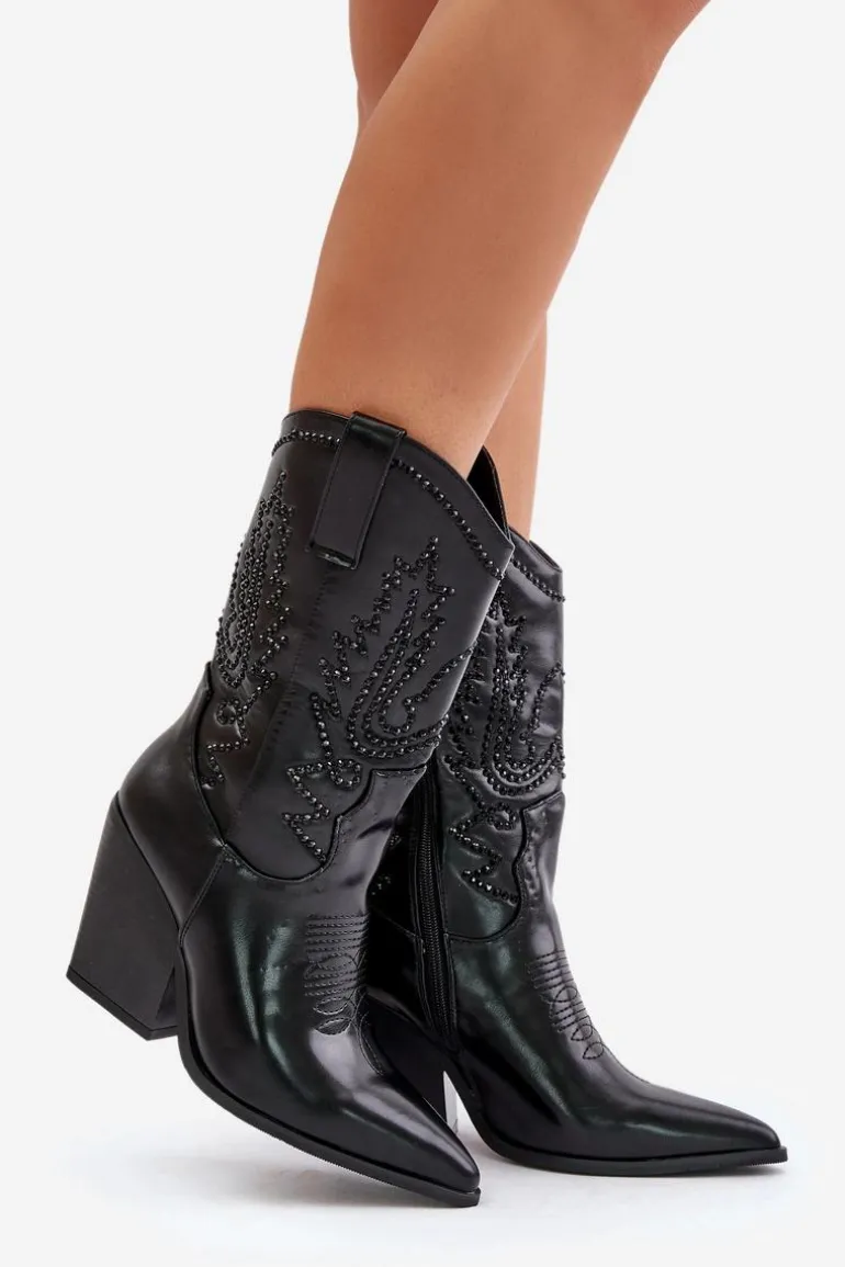 Ocieplane Kozaki Kowbojki Na Słupku Ze Zdobieniem Czarne Arlitta