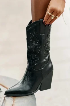 Ocieplane Kozaki Kowbojki Na Słupku Ze Zdobieniem Czarne Arlitta