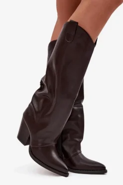 Ocieplane Kozaki Kowbojki Na Słupku Z Eko Skóry Czekoladowe Mavine