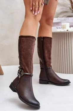 Ocieplane Kozaki Na Płaskim Obcasie Z Ozdobną Klamrą Brązowe Leatharia