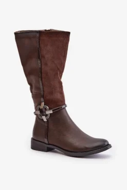 Ocieplane Kozaki Na Płaskim Obcasie Z Ozdobną Klamrą Brązowe Leatharia