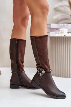 Ocieplane Kozaki Na Płaskim Obcasie Z Ozdobną Klamrą Brązowe Leatharia