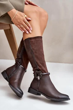 Ocieplane Kozaki Na Płaskim Obcasie Z Ozdobną Klamrą Brązowe Leatharia