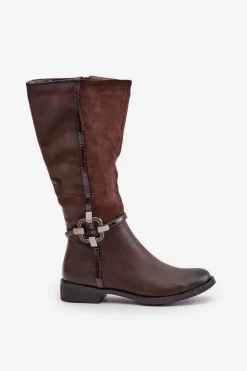 Ocieplane Kozaki Na Płaskim Obcasie Z Ozdobną Klamrą Brązowe Leatharia