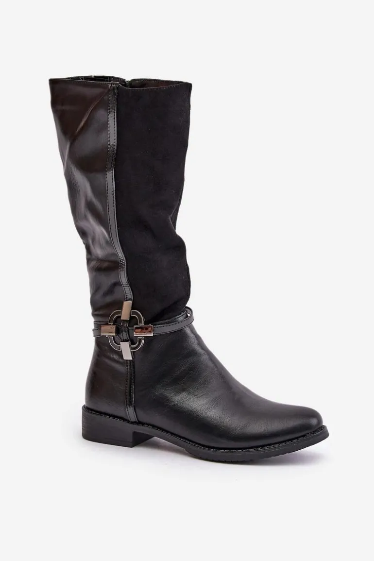 Ocieplane Kozaki Na Płaskim Obcasie Z Ozdobną Klamrą Czarne Leatharia