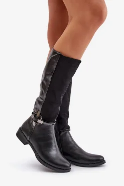 Ocieplane Kozaki Na Płaskim Obcasie Z Ozdobną Klamrą Czarne Leatharia