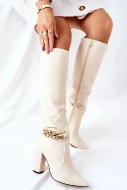 Ocieplane Kozaki Na Słupku Z Łańcuchem Beżowe Franti