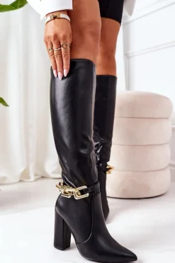 Ocieplane Kozaki Na Słupku Z Łańcuchem Czarne Franti