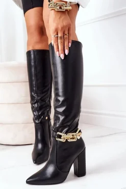 Ocieplane Kozaki Na Słupku Z Łańcuchem Czarne Franti