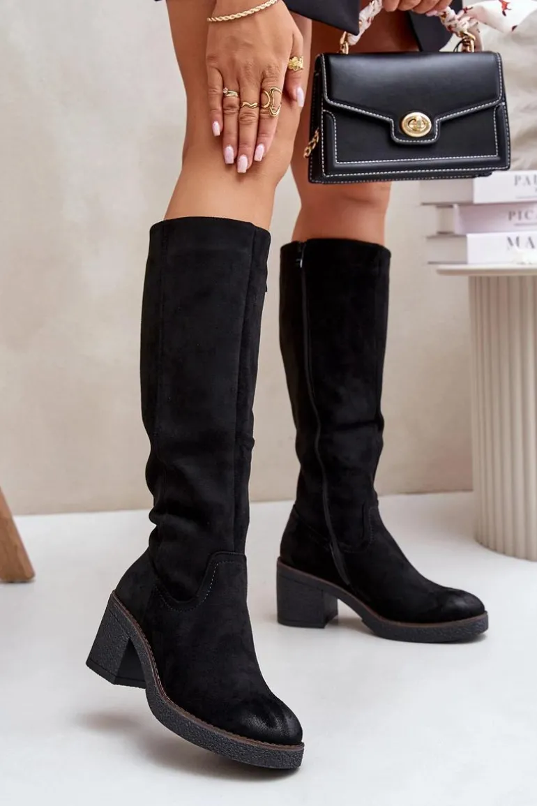 Ocieplane Kozaki Na Słupku Eko Zamszowe Przed Kolano Czarne Leamirael