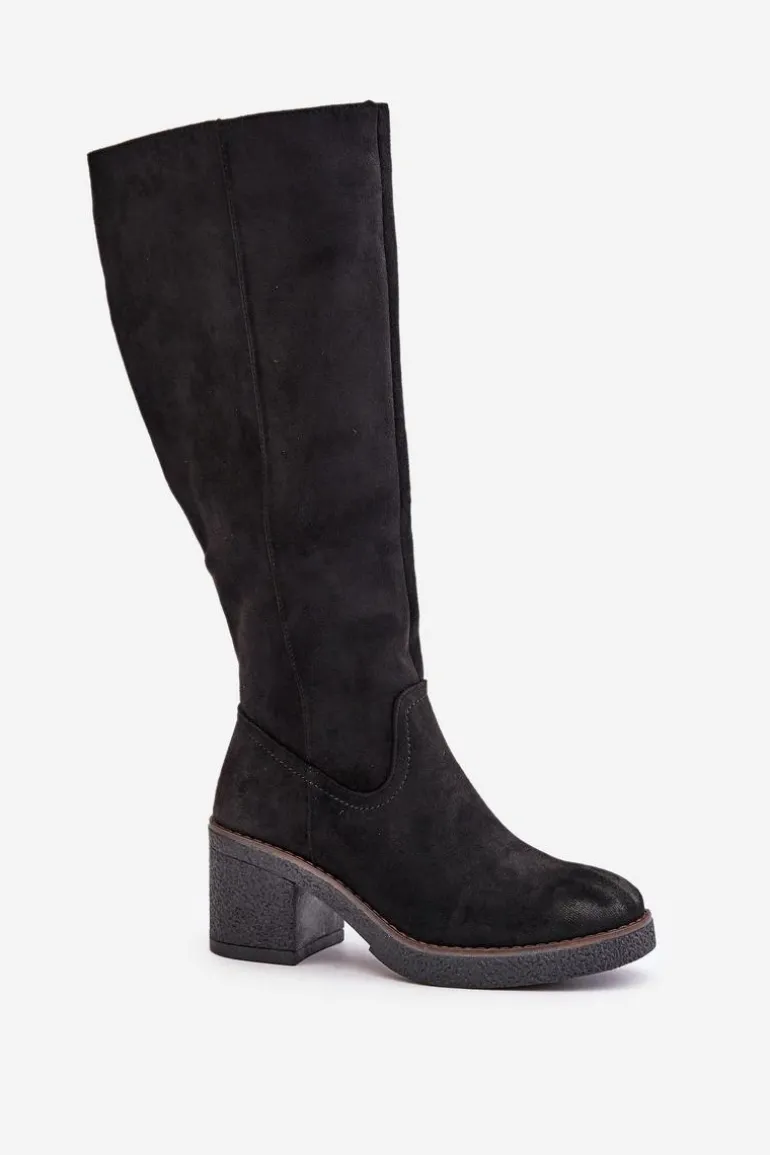 Ocieplane Kozaki Na Słupku Eko Zamszowe Przed Kolano Czarne Leamirael