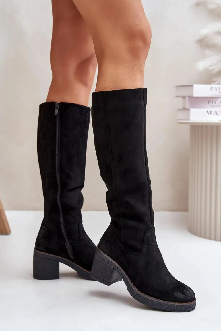 Ocieplane Kozaki Na Słupku Eko Zamszowe Przed Kolano Czarne Leamirael