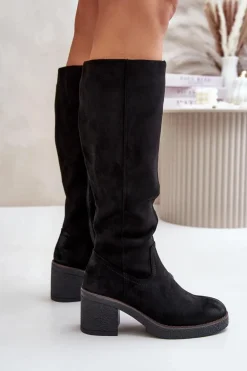 Ocieplane Kozaki Na Słupku Eko Zamszowe Przed Kolano Czarne Leamirael