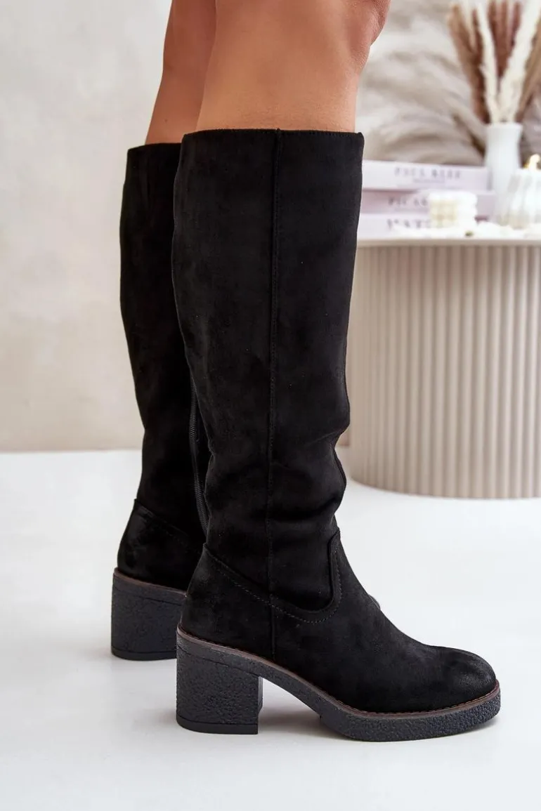 Ocieplane Kozaki Na Słupku Eko Zamszowe Przed Kolano Czarne Leamirael