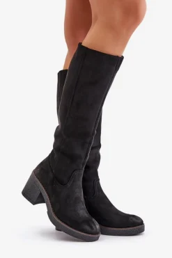 Ocieplane Kozaki Na Słupku Eko Zamszowe Przed Kolano Czarne Leamirael