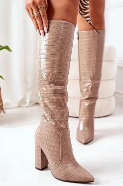 Ocieplane Kozaki Na Słupku Beżowe Larissa