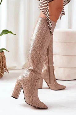 Ocieplane Kozaki Na Słupku Beżowe Larissa