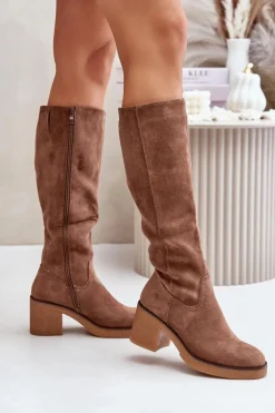 Ocieplane Kozaki Na Słupku Eko Zamszowe Przed Kolano Brązowe Leamirael