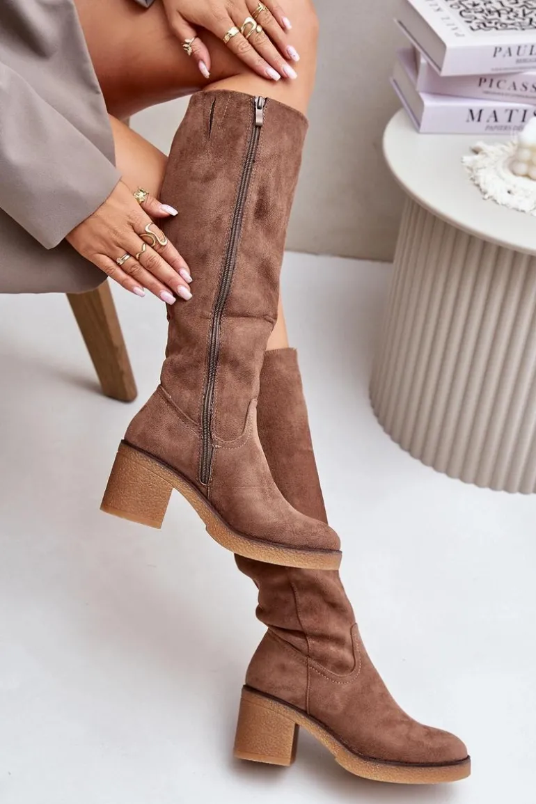 Ocieplane Kozaki Na Słupku Eko Zamszowe Przed Kolano Brązowe Leamirael