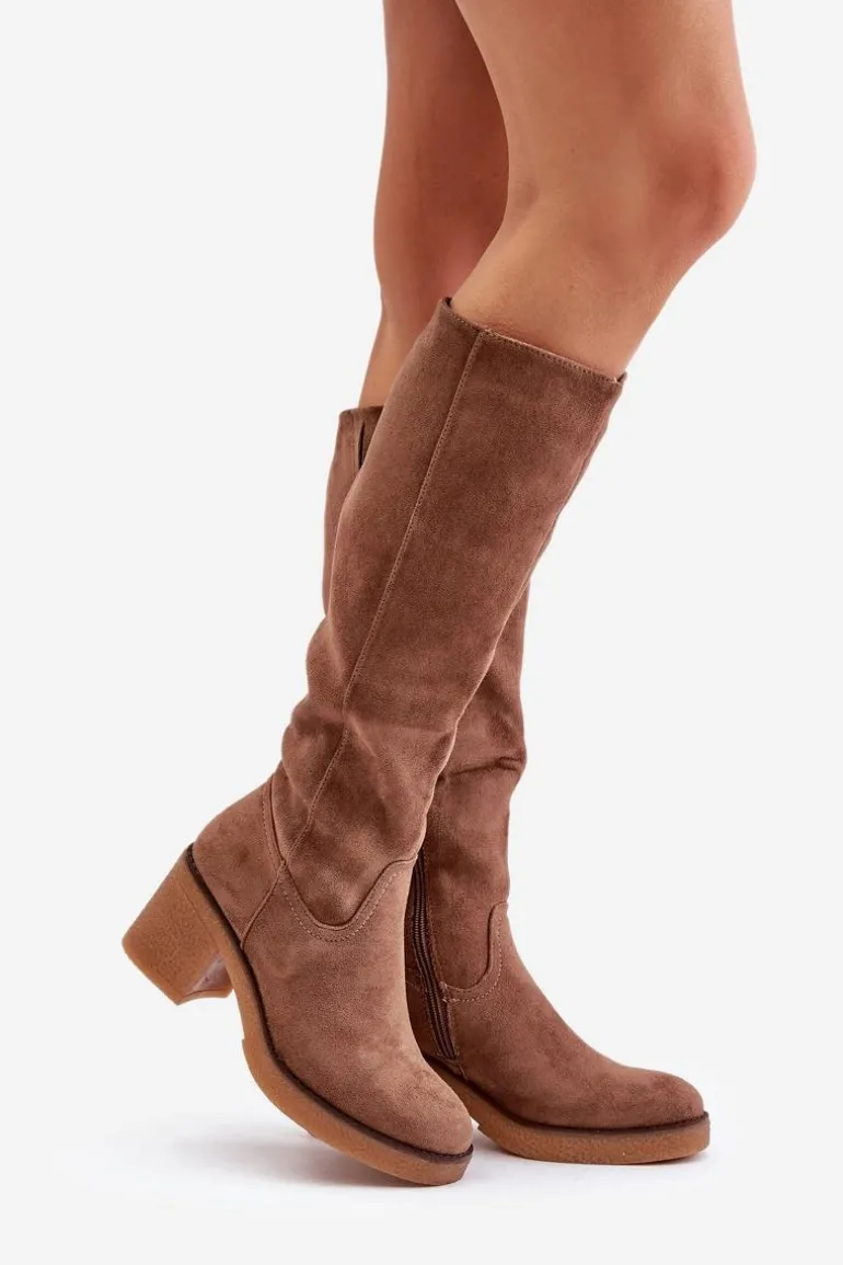 Ocieplane Kozaki Na Słupku Eko Zamszowe Przed Kolano Brązowe Leamirael