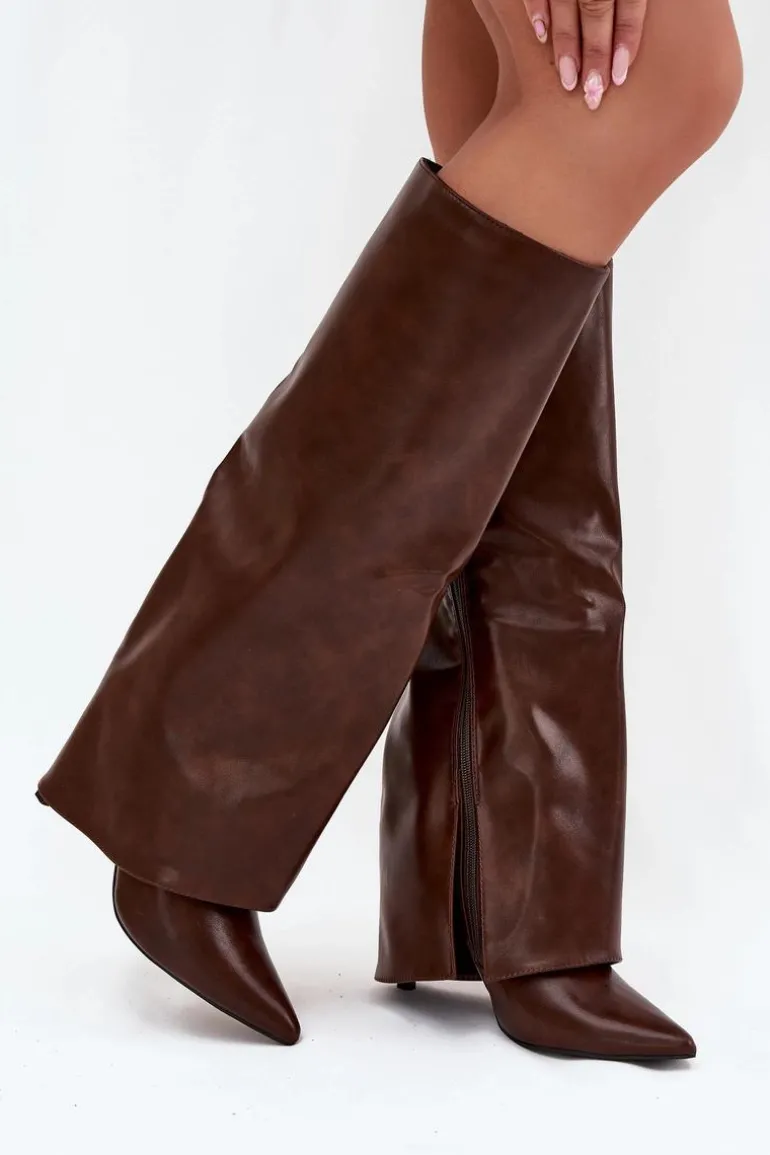 Ocieplane Kozaki Na Szpilce Z Wywiniętą Cholewką Czekoladowe Tamonia