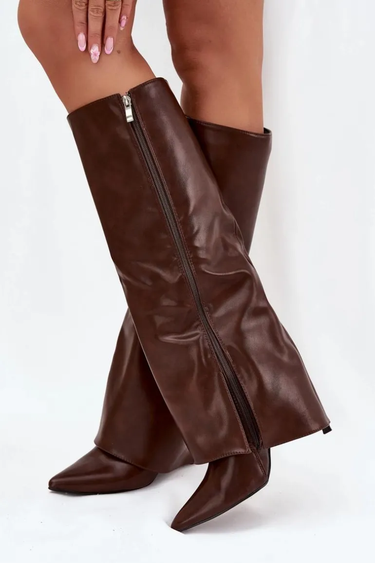 Ocieplane Kozaki Na Szpilce Z Wywiniętą Cholewką Czekoladowe Tamonia