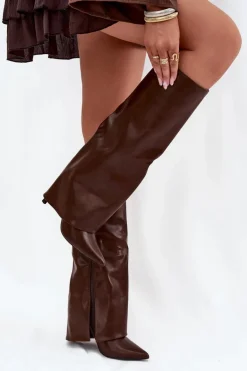 Ocieplane Kozaki Na Szpilce Z Wywiniętą Cholewką Czekoladowe Tamonia