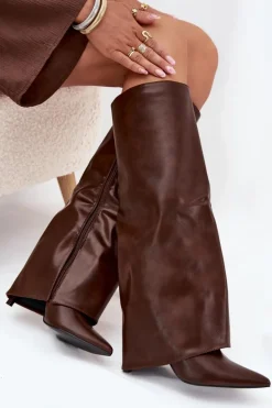 Ocieplane Kozaki Na Szpilce Z Wywiniętą Cholewką Czekoladowe Tamonia